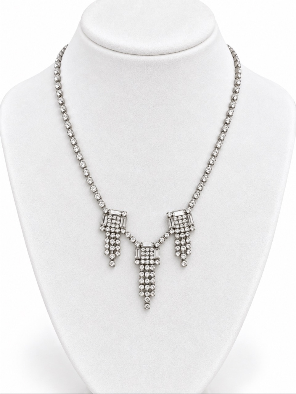 Vintage Silver-Tone Rhinestone Statement Necklace with Crystal Fringe Drops